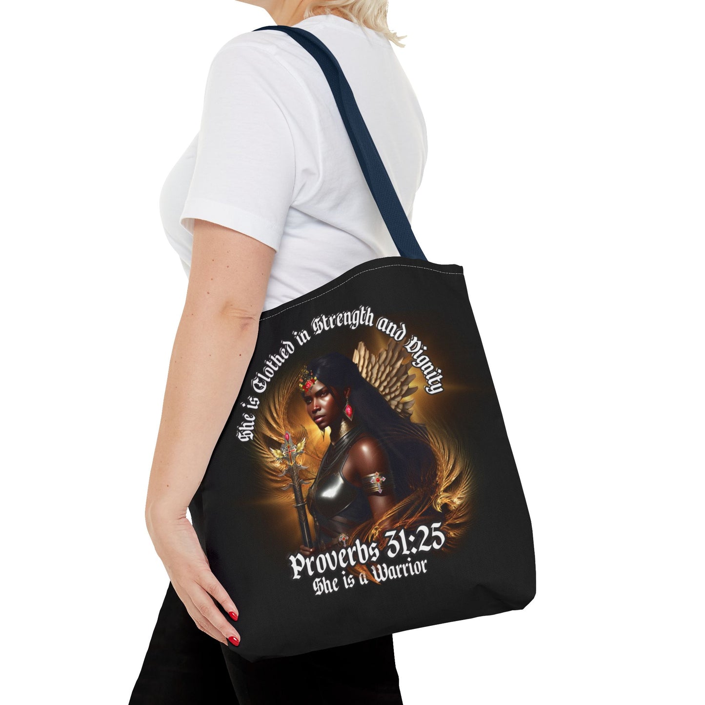 Proverbs 31:25 'She is Clothed in Strength' Warrior Tote Bag