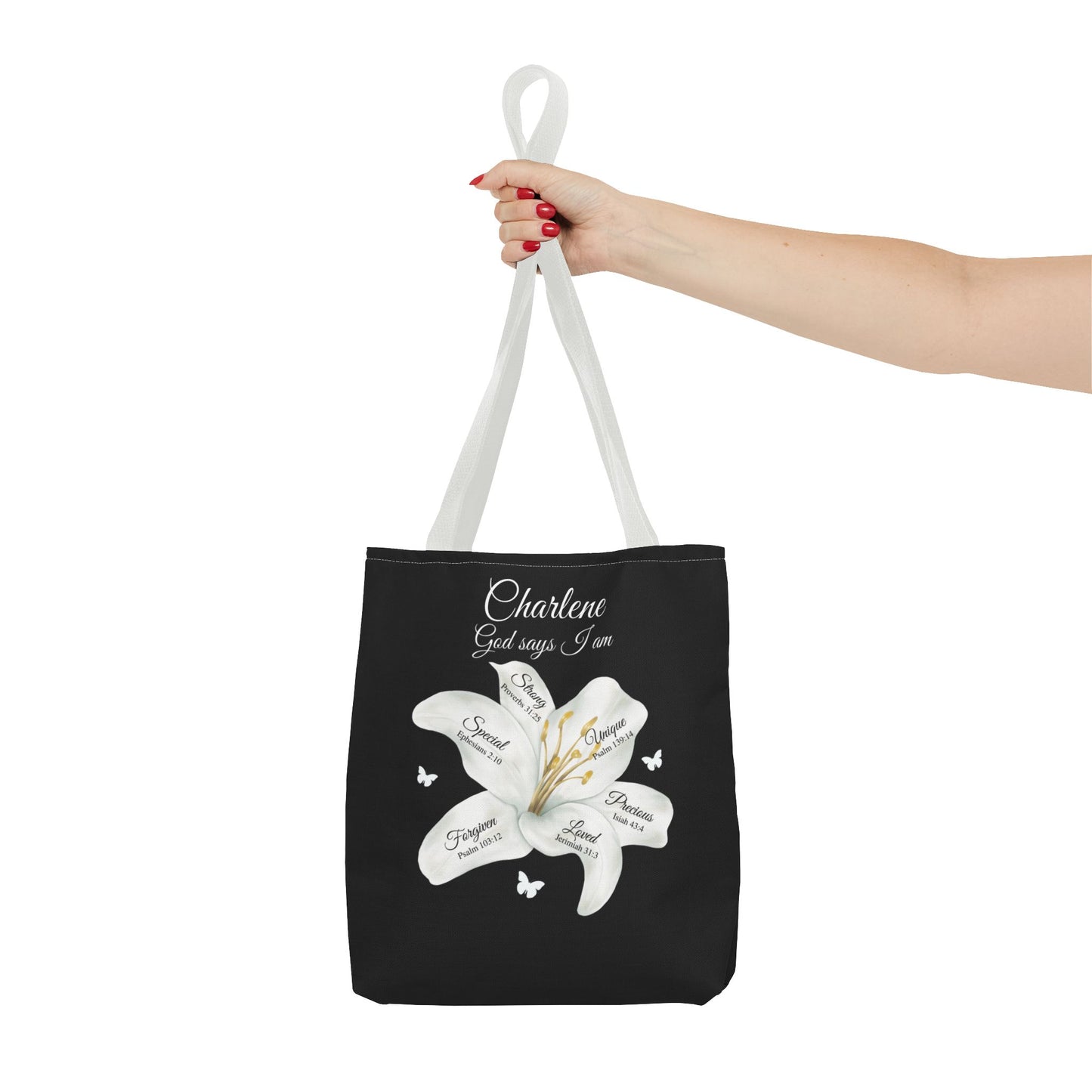 Personalized Lily Tote Bag - "God Says I Am" Inspirational Floral Tote