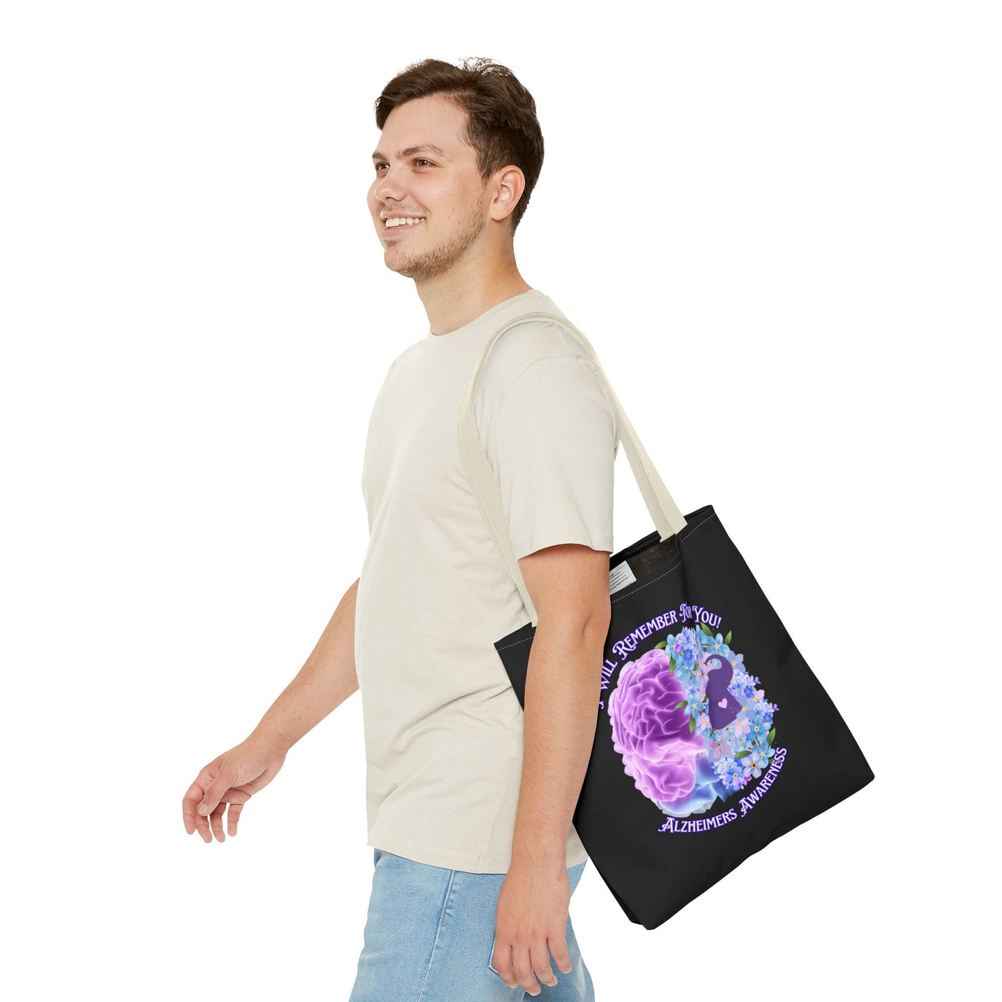 Alzheimer’s Awareness Tote Bag — “I Will Remember For You” Purple Brain Design