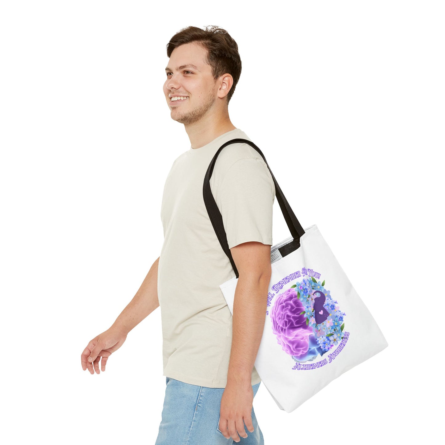 Alzheimer’s Awareness Tote Bag — “I Will Remember You” Purple Brain & Flowers Design