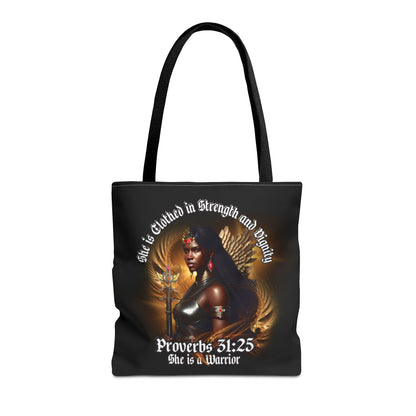 Proverbs 31:25 'She is Clothed in Strength' Warrior Tote Bag