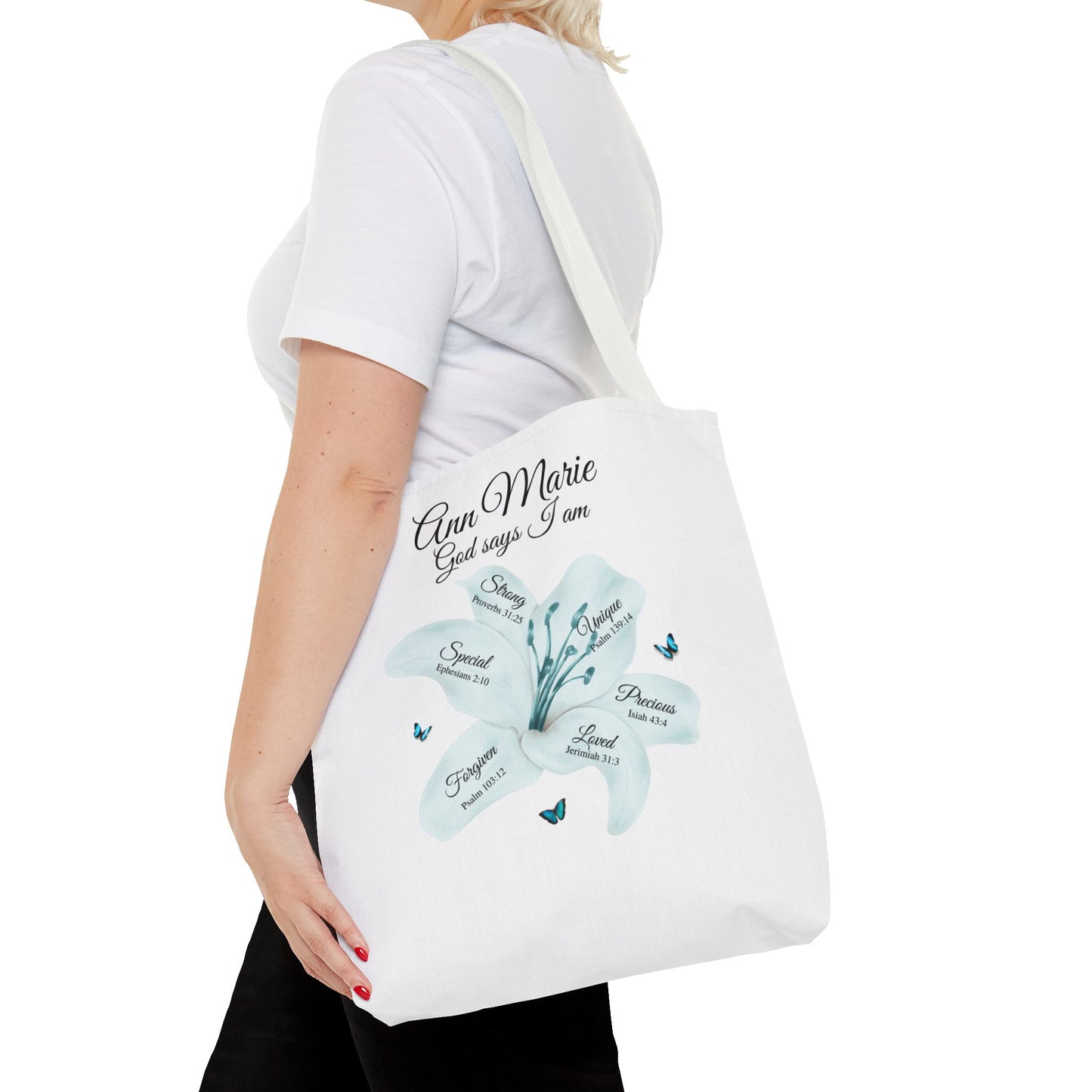 Personalized Floral Name Tote Bag – "God Says I Am" Inspirational Lily Tote