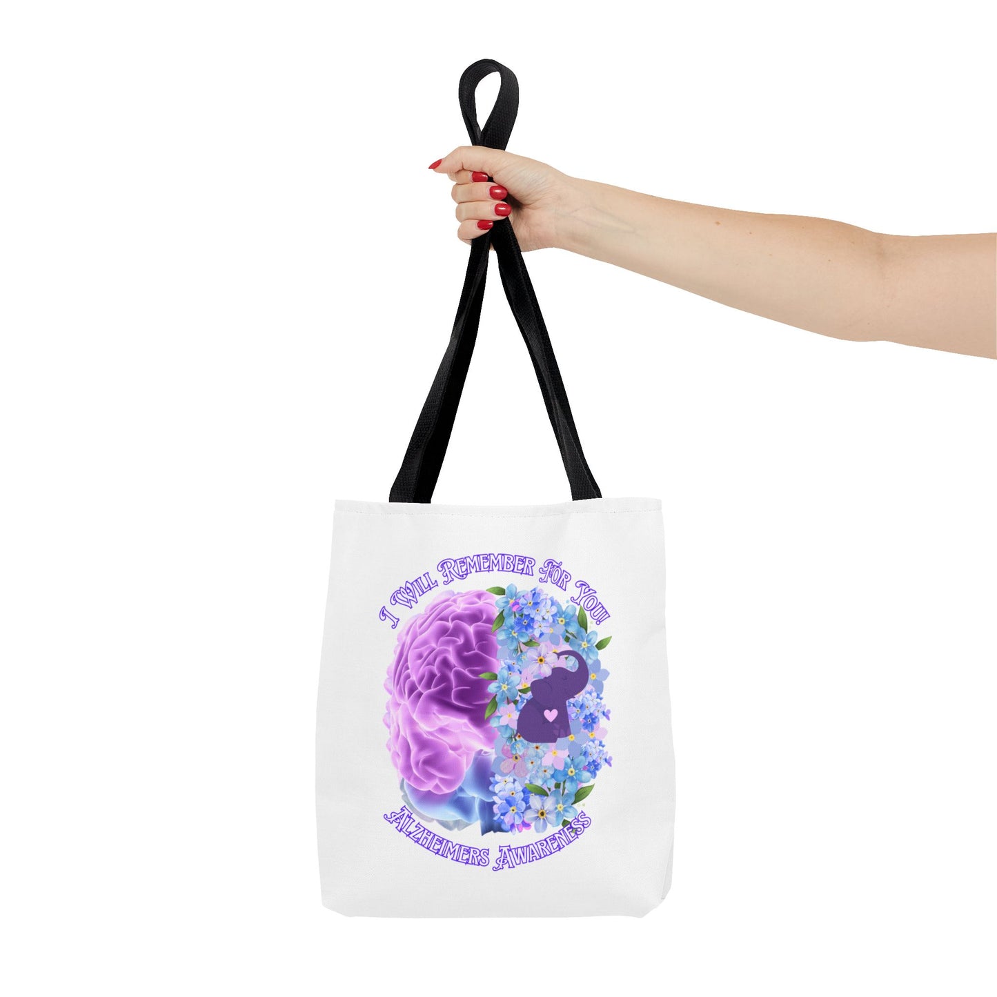 Alzheimer’s Awareness Tote Bag — “I Will Remember You” Purple Brain & Flowers Design