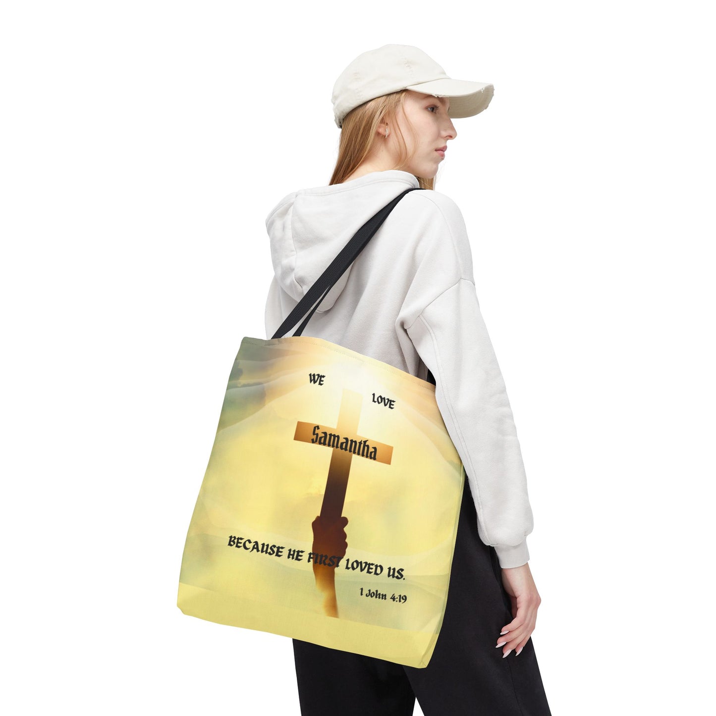 Personalized Christian Cross Tote Bag — "Samantha" Inspirational Scripture 1 John 4:19
