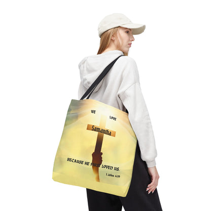 Personalized Christian Cross Tote Bag — "Samantha" Inspirational Scripture 1 John 4:19