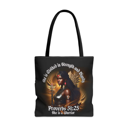 Proverbs 31:25 'She is Clothed in Strength' Warrior Tote Bag