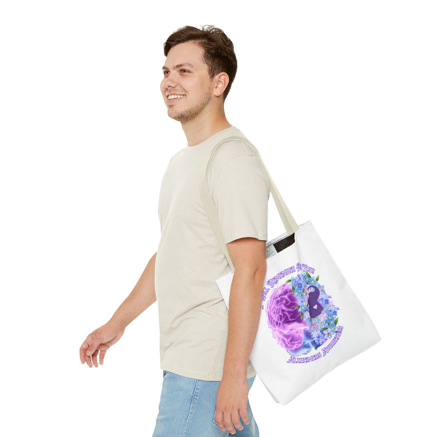 Alzheimer’s Awareness Tote Bag — “I Will Remember You” Purple Brain & Flowers Design