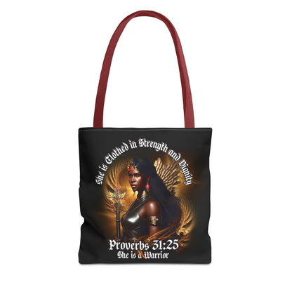Proverbs 31:25 'She is Clothed in Strength' Warrior Tote Bag