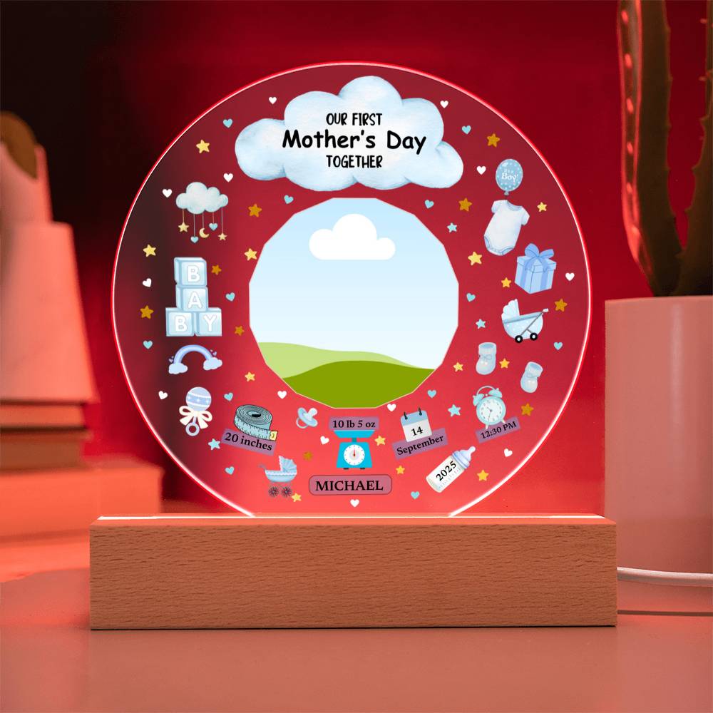 Our First Mother's Day Together Blue Design Acrylic Circle Plaque