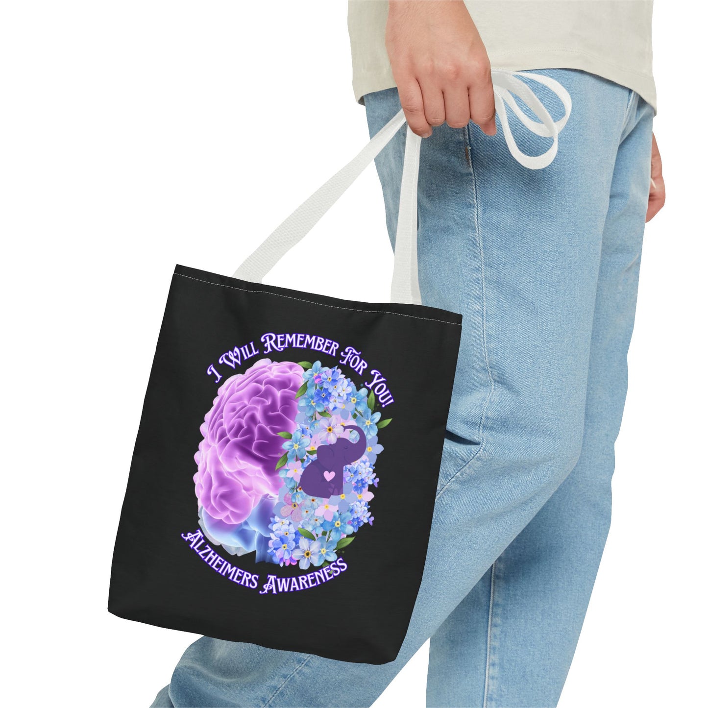 Alzheimer’s Awareness Tote Bag — “I Will Remember For You” Purple Brain Design
