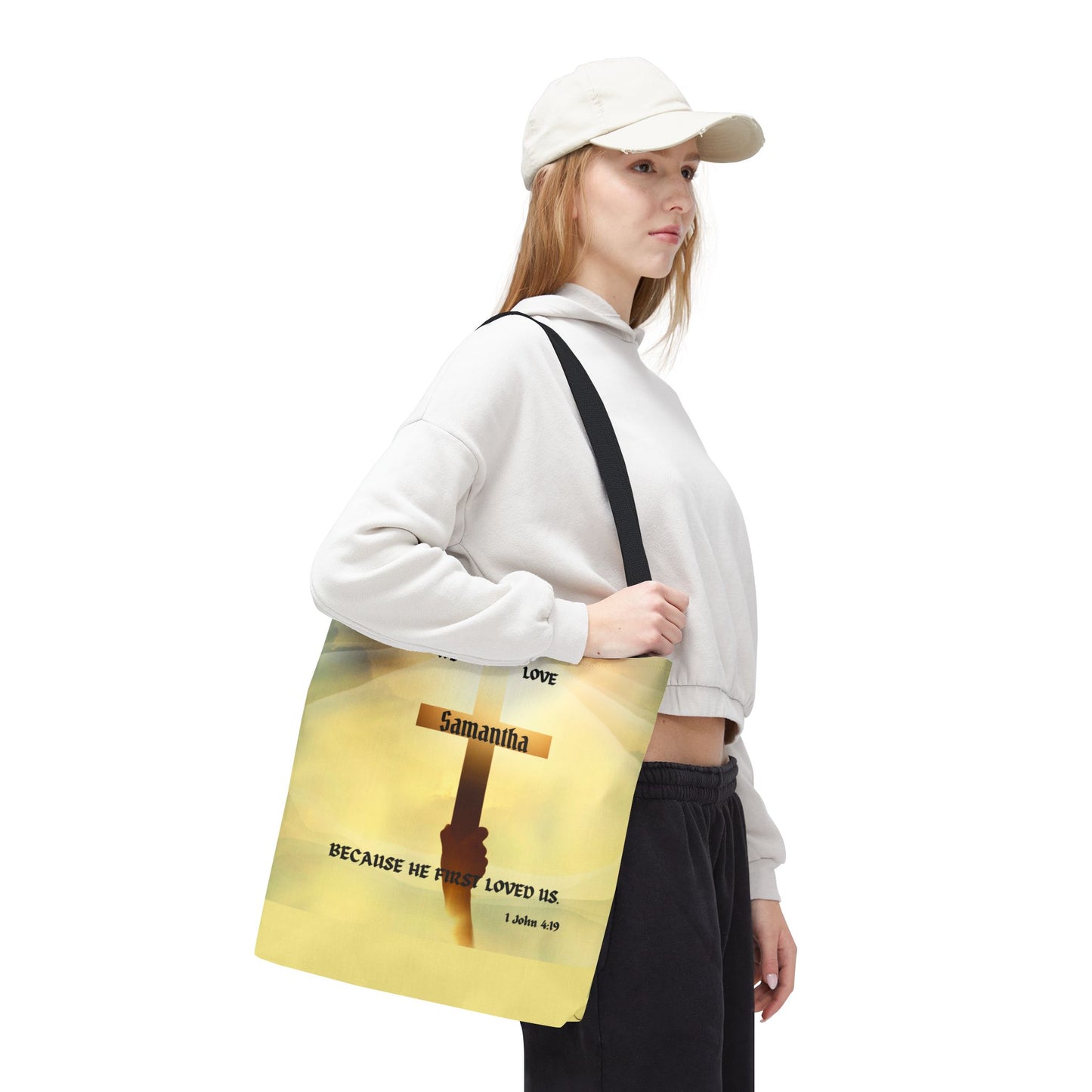 Personalized Christian Cross Tote Bag — "Samantha" Inspirational Scripture 1 John 4:19