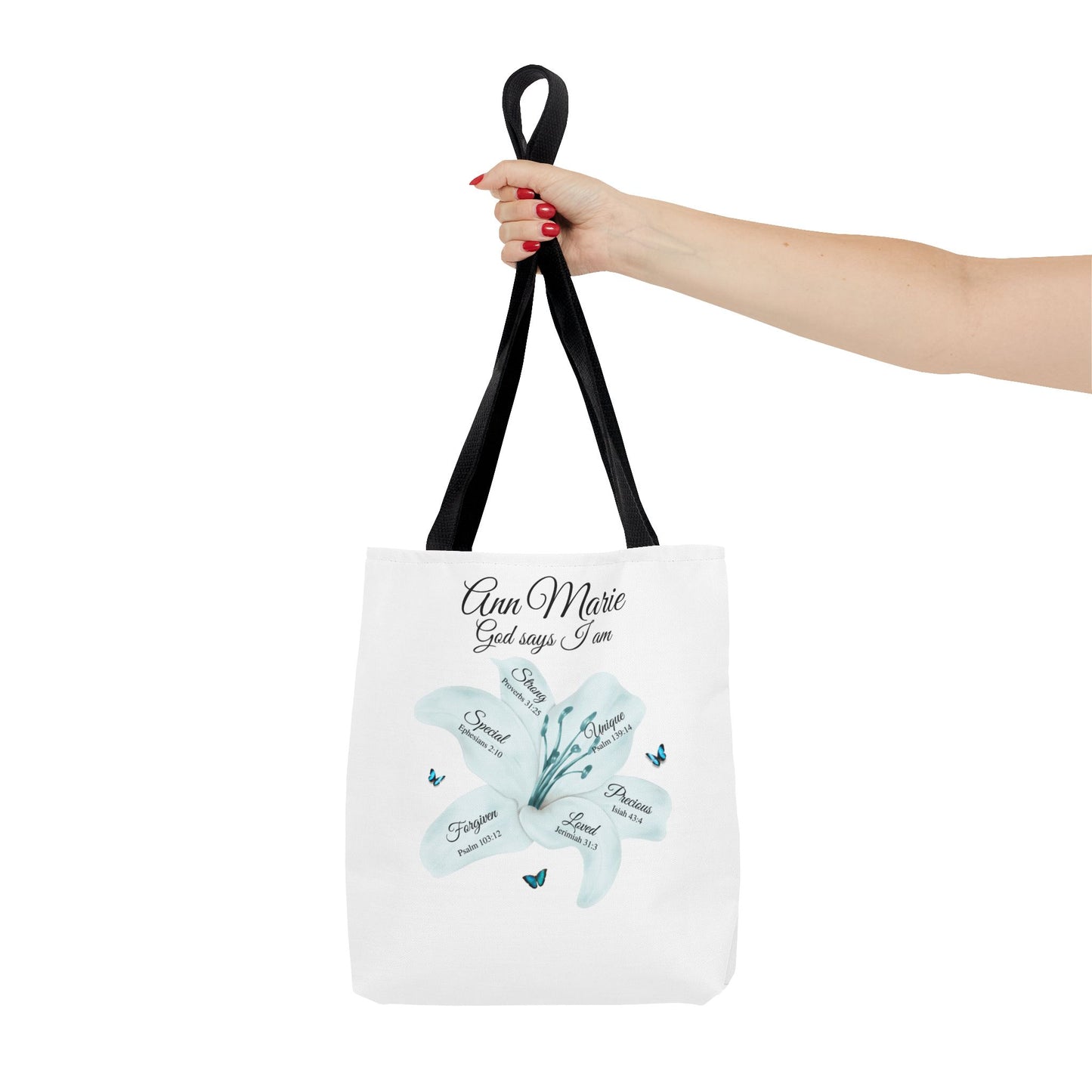 Personalized Floral Name Tote Bag – "God Says I Am" Inspirational Lily Tote