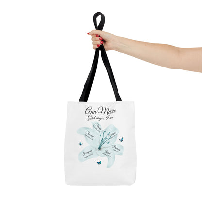 Personalized Floral Name Tote Bag – "God Says I Am" Inspirational Lily Tote