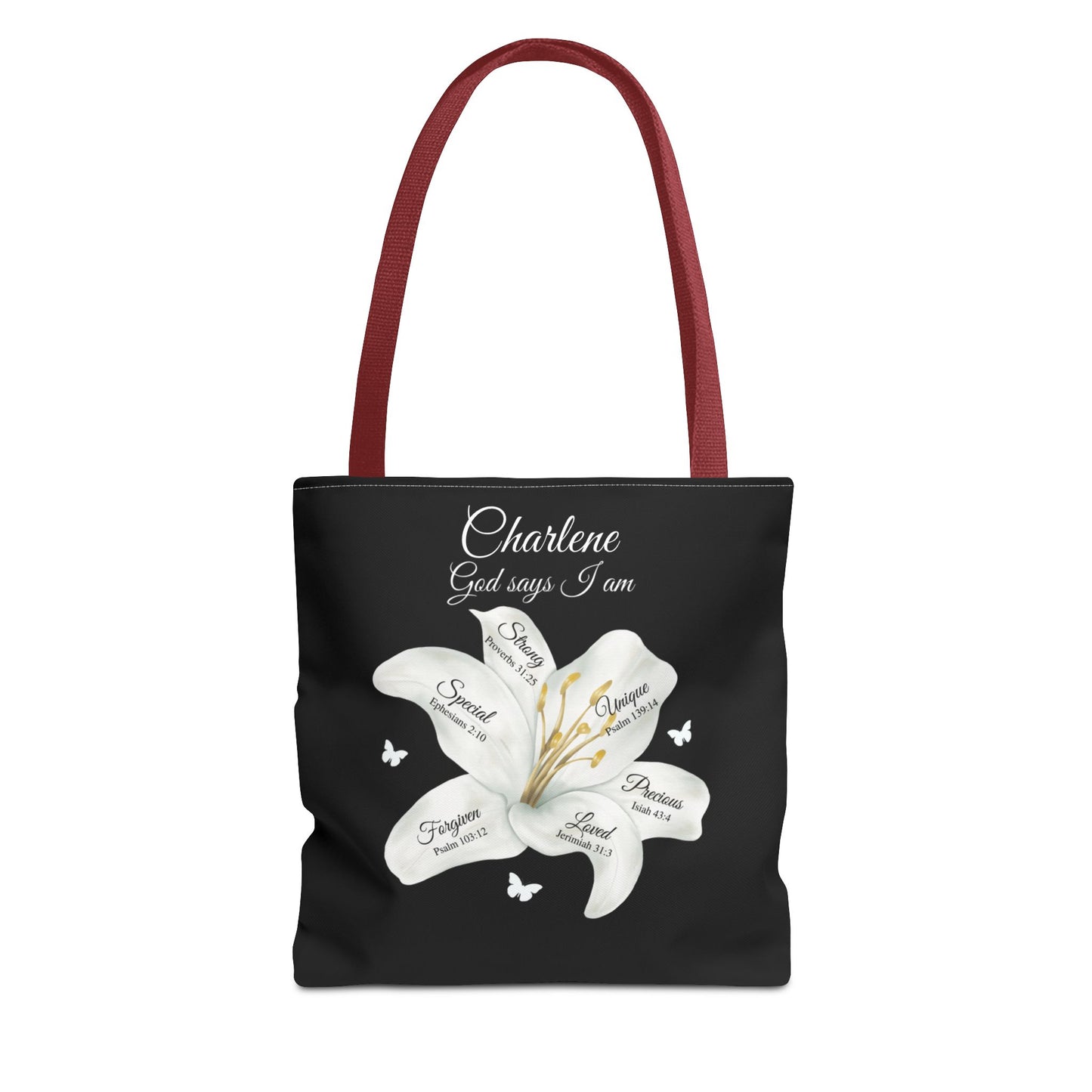 Personalized Lily Tote Bag - "God Says I Am" Inspirational Floral Tote