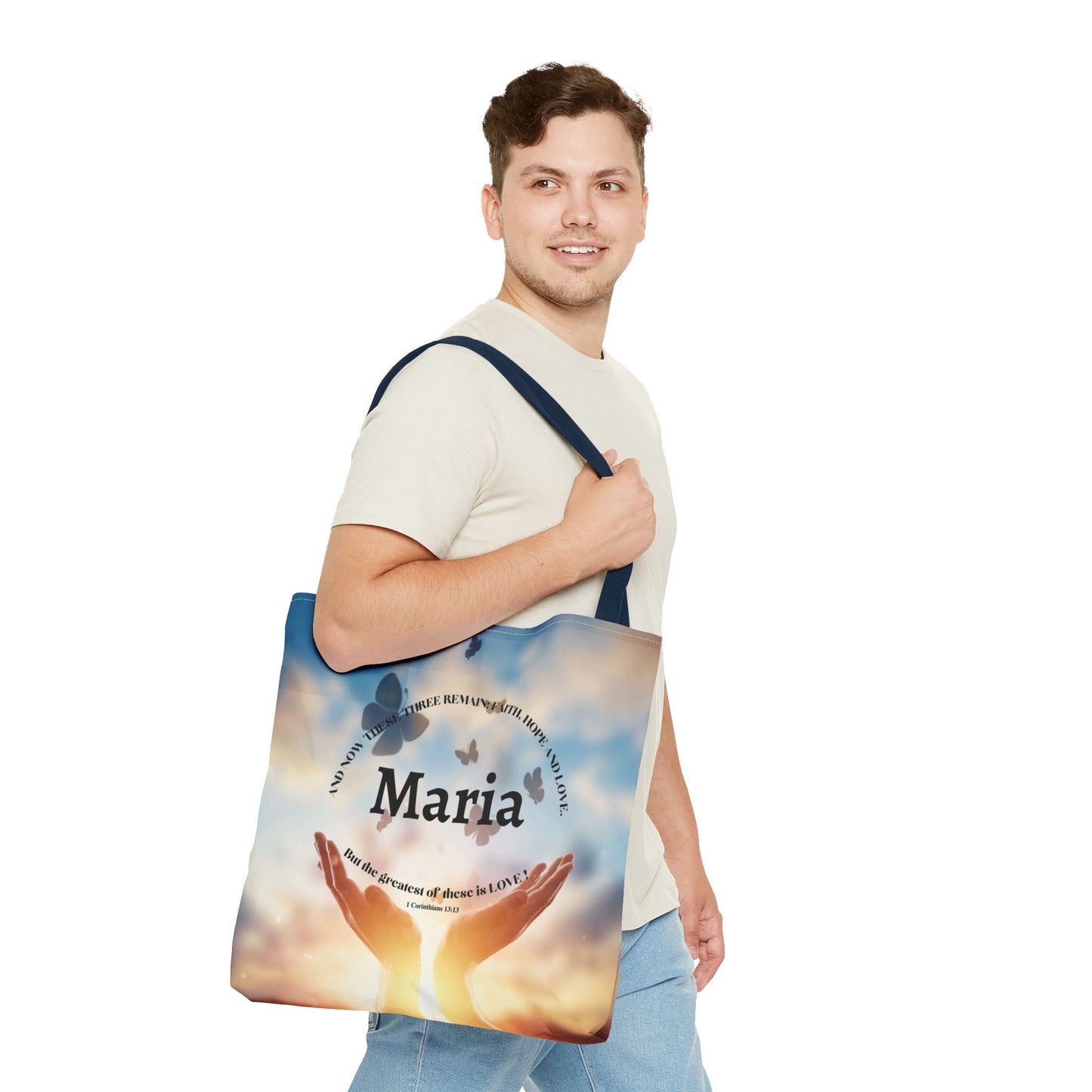 Inspirational Butterfly Tote Bag — Uplifting Hands & Quote All-Over Print