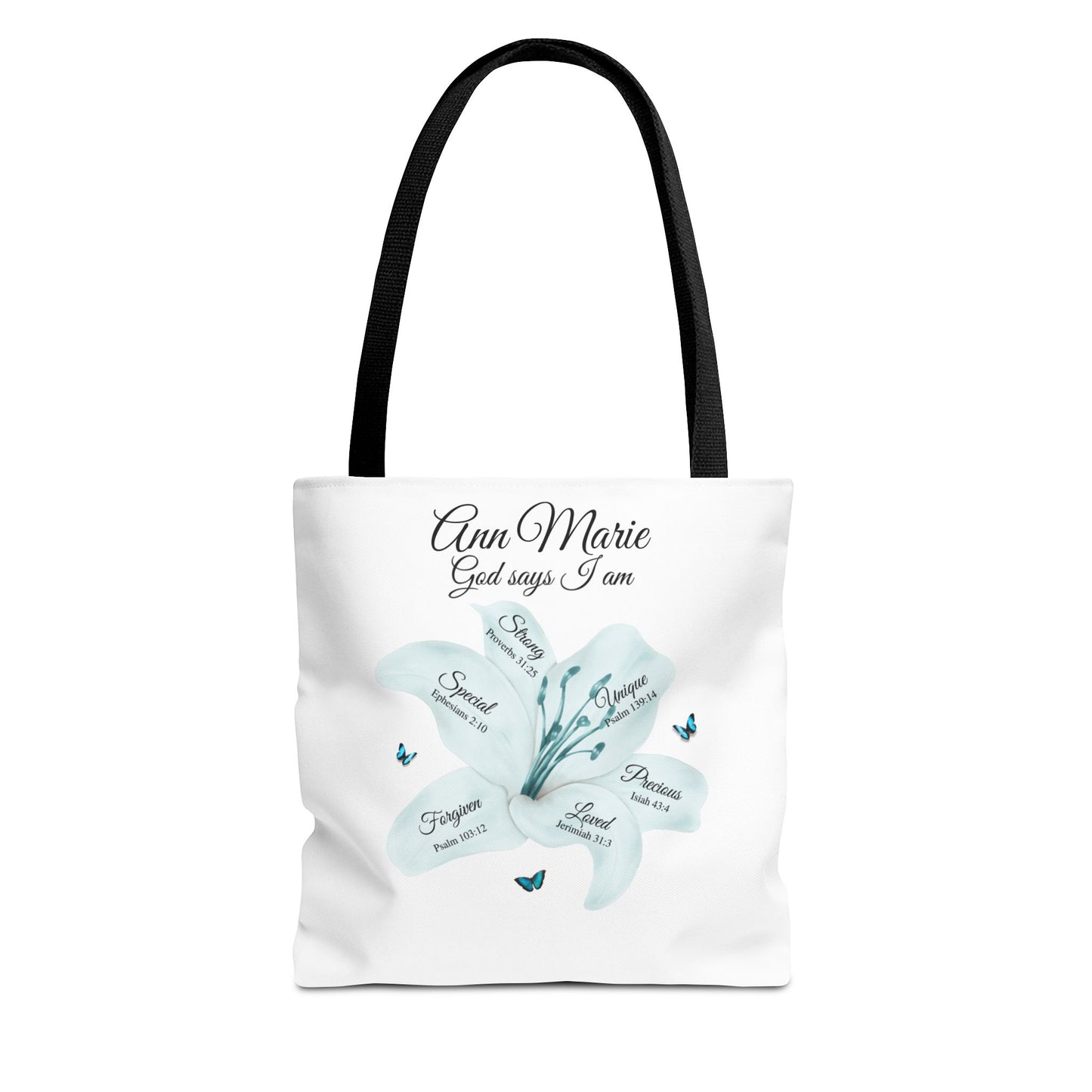 Personalized Floral Name Tote Bag – "God Says I Am" Inspirational Lily Tote