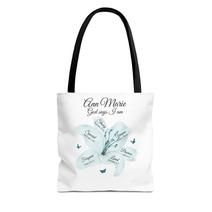 Personalized Floral Name Tote Bag – "God Says I Am" Inspirational Lily Tote