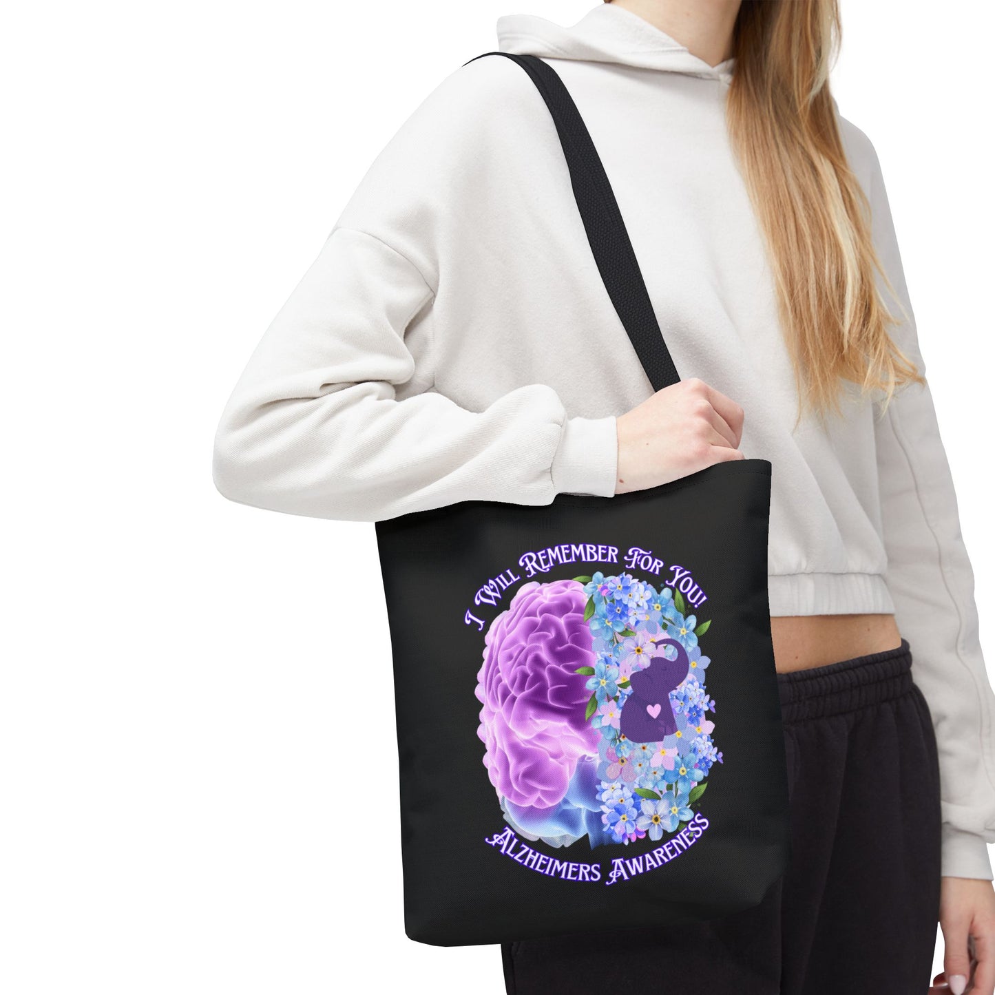 Alzheimer’s Awareness Tote Bag — “I Will Remember For You” Purple Brain Design