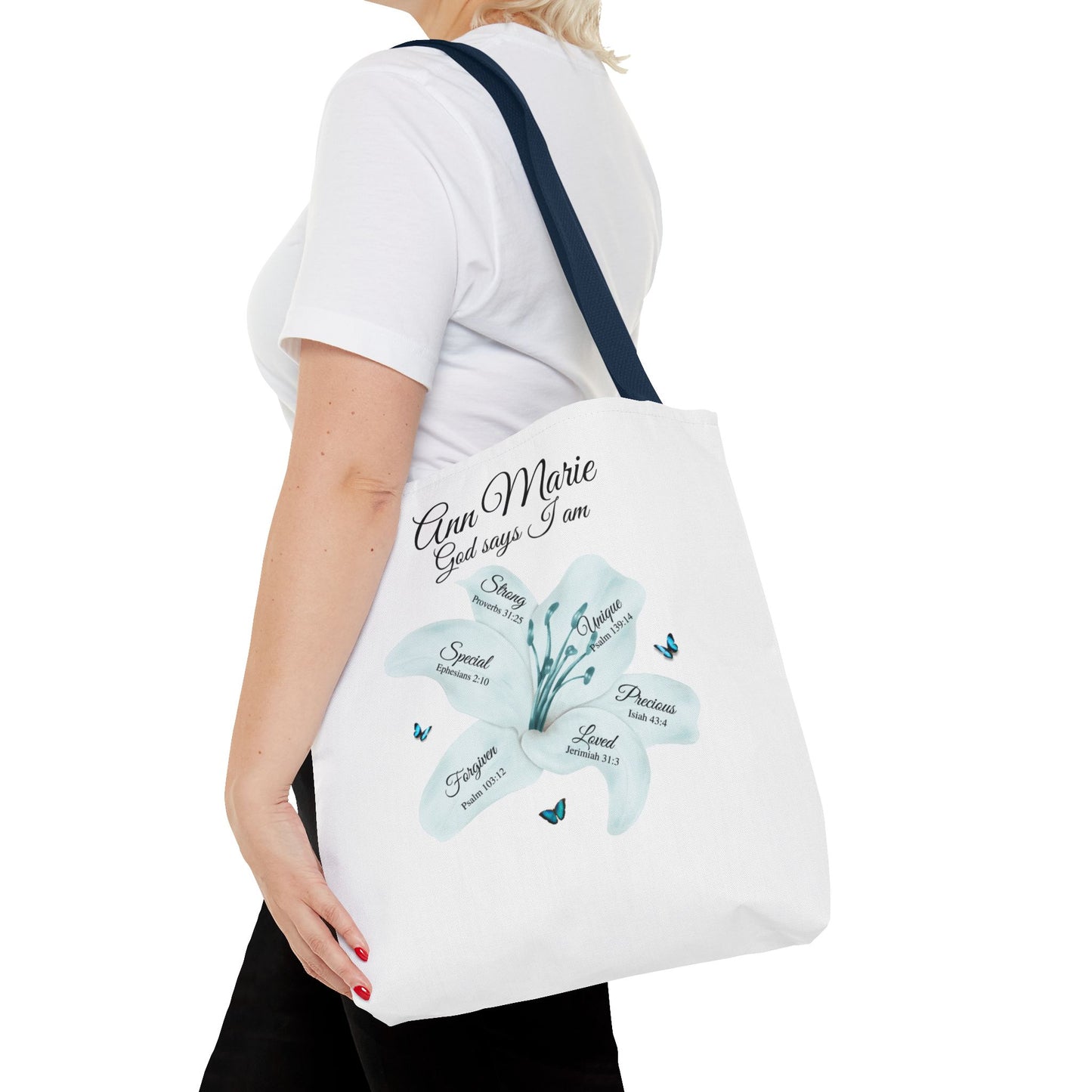 Personalized Floral Name Tote Bag – "God Says I Am" Inspirational Lily Tote