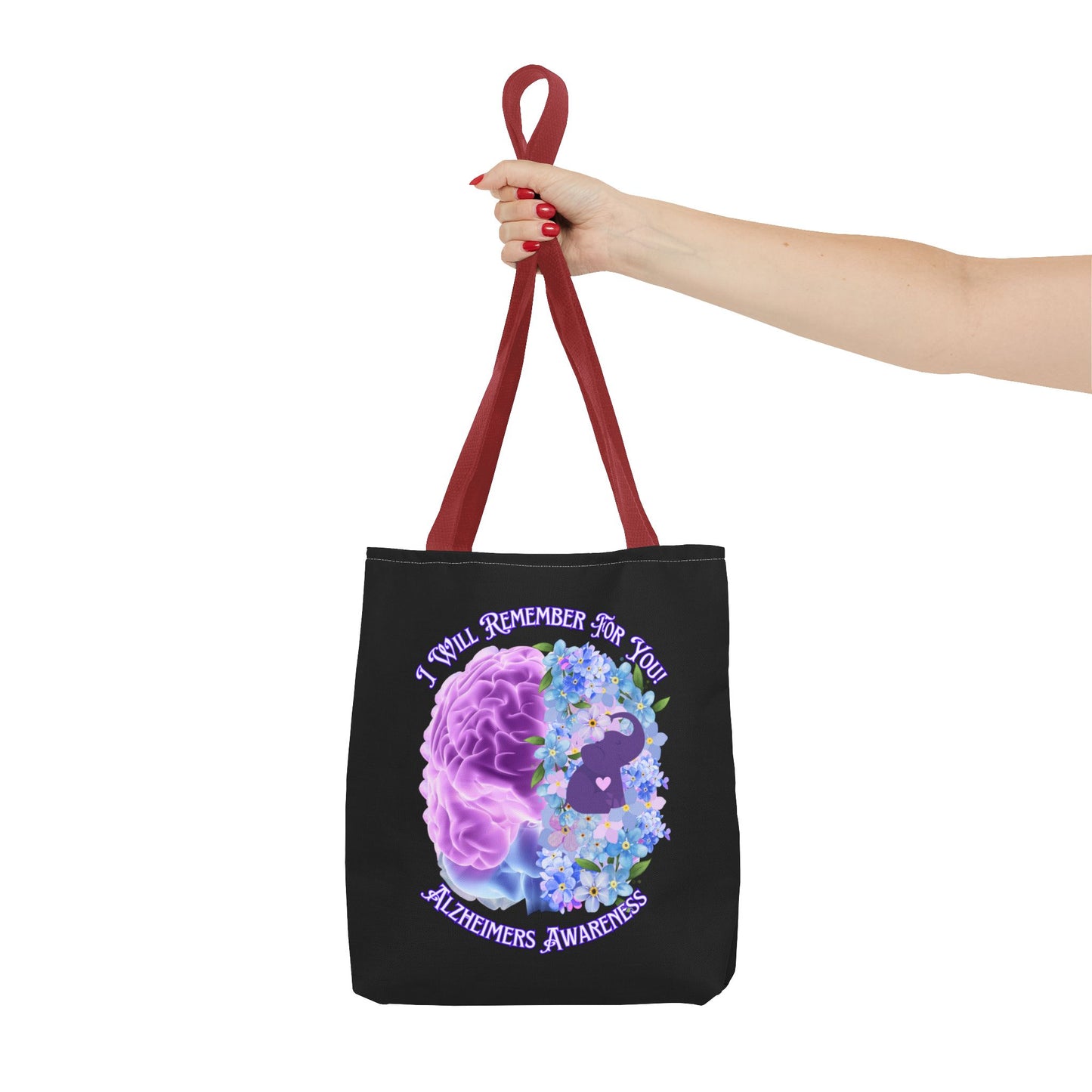 Alzheimer’s Awareness Tote Bag — “I Will Remember For You” Purple Brain Design