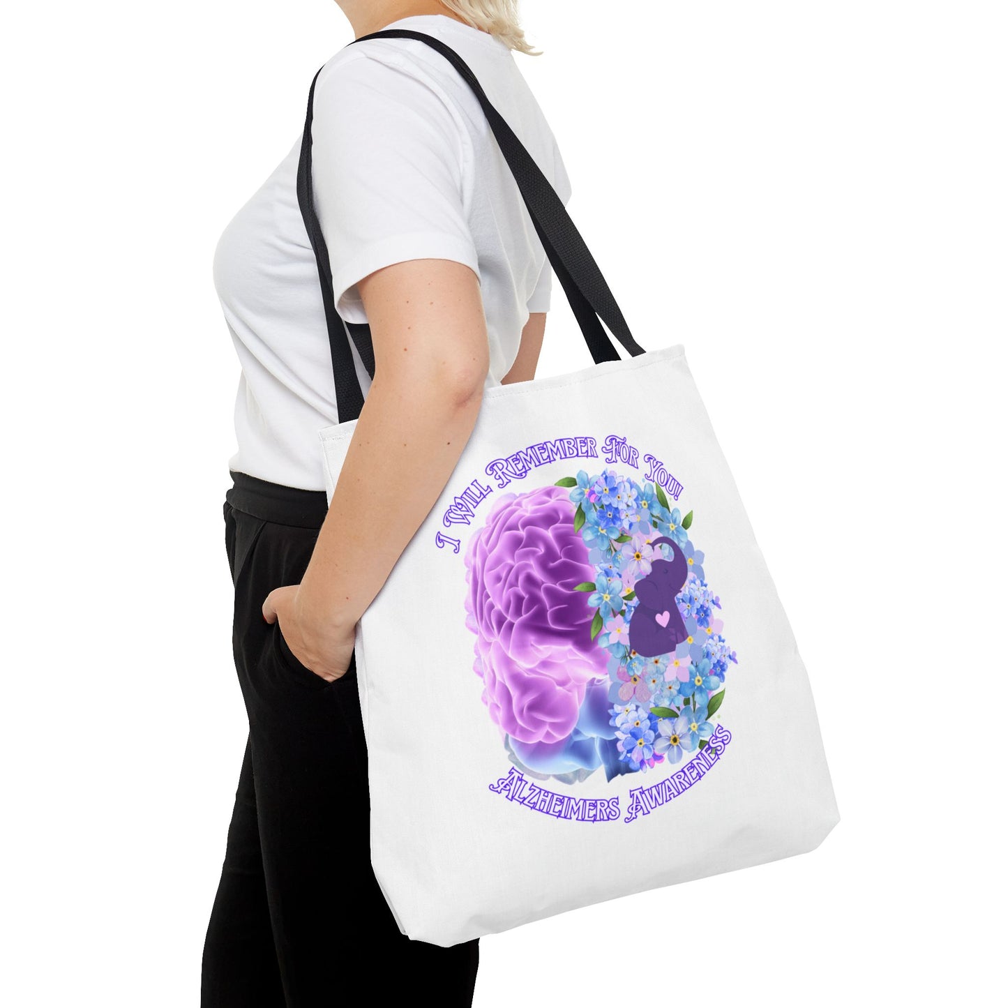 Alzheimer’s Awareness Tote Bag — “I Will Remember You” Purple Brain & Flowers Design