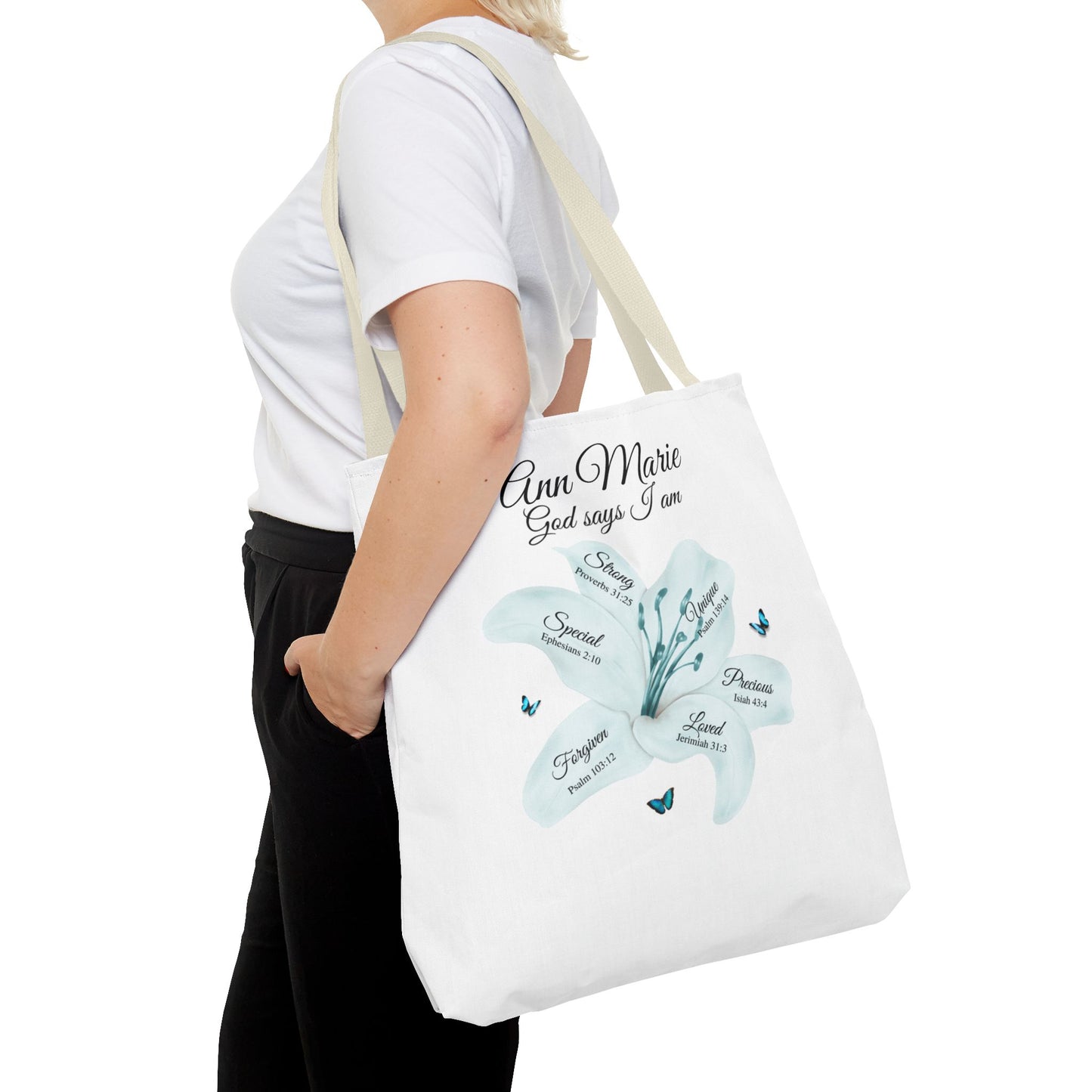 Personalized Floral Name Tote Bag – "God Says I Am" Inspirational Lily Tote