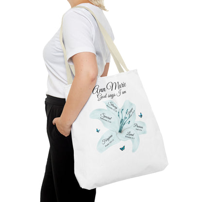 Personalized Floral Name Tote Bag – "God Says I Am" Inspirational Lily Tote