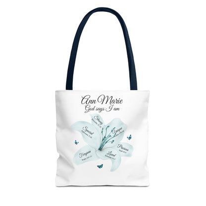 Personalized Floral Name Tote Bag – "God Says I Am" Inspirational Lily Tote