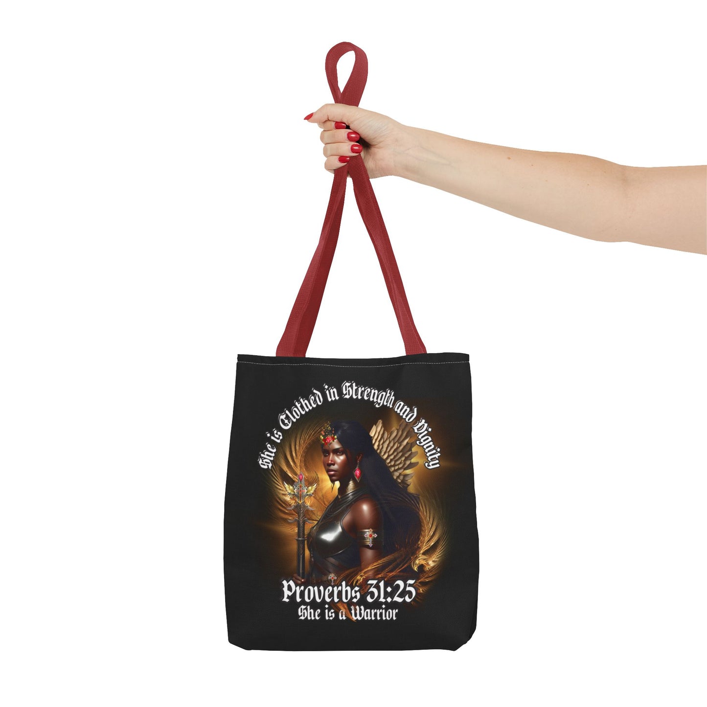 Proverbs 31:25 'She is Clothed in Strength' Warrior Tote Bag