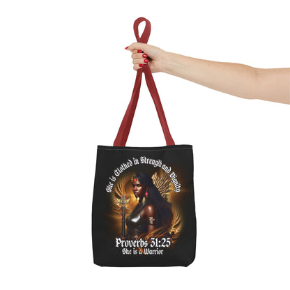 Proverbs 31:25 'She is Clothed in Strength' Warrior Tote Bag