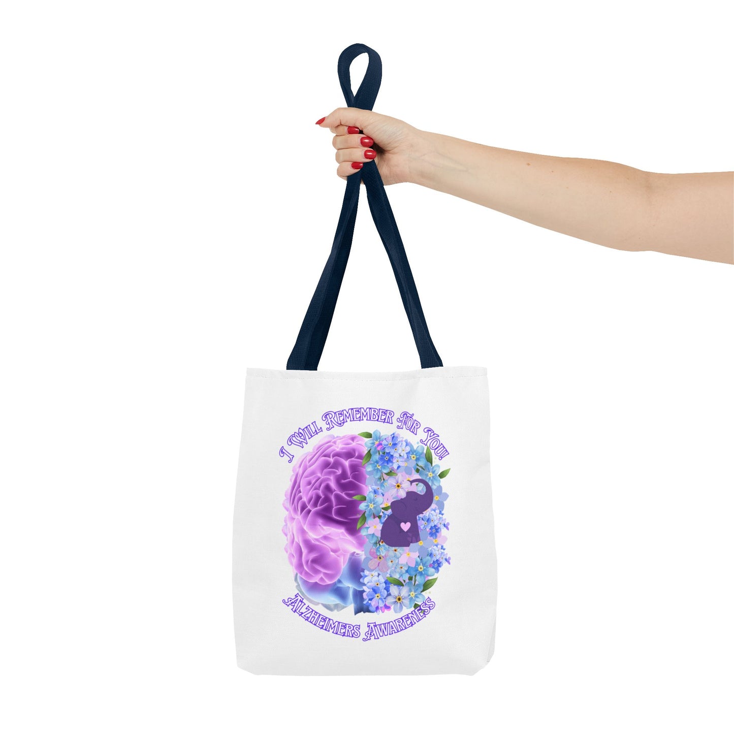 Alzheimer’s Awareness Tote Bag — “I Will Remember You” Purple Brain & Flowers Design