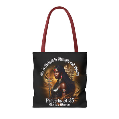 Proverbs 31:25 'She is Clothed in Strength' Warrior Tote Bag