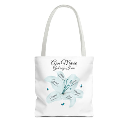 Personalized Floral Name Tote Bag – "God Says I Am" Inspirational Lily Tote