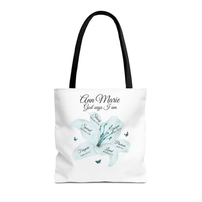 Personalized Floral Name Tote Bag – "God Says I Am" Inspirational Lily Tote
