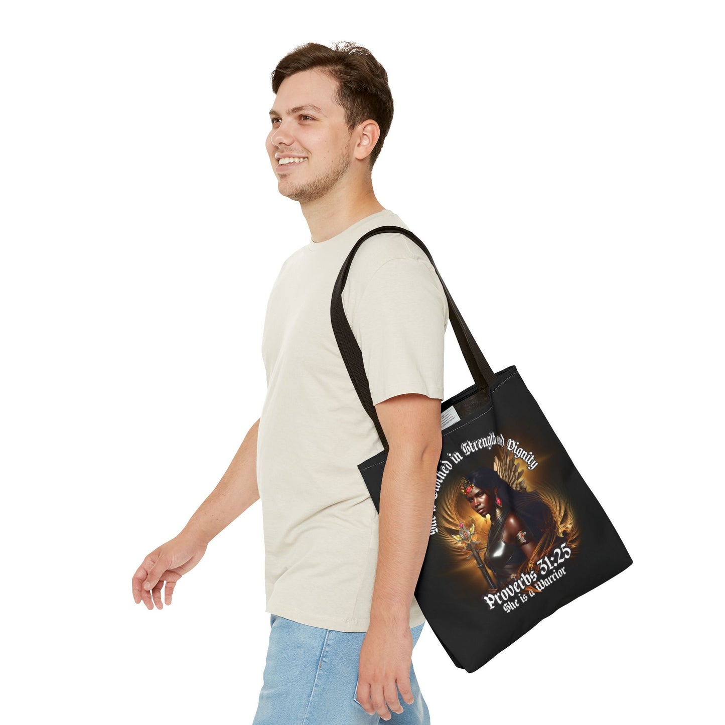 Proverbs 31:25 'She is Clothed in Strength' Warrior Tote Bag