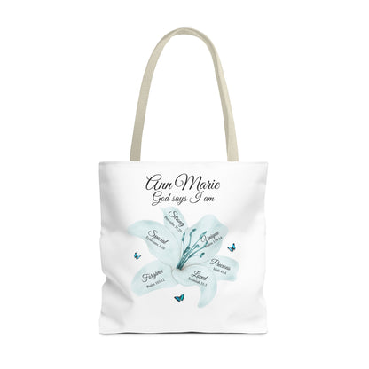 Personalized Floral Name Tote Bag – "God Says I Am" Inspirational Lily Tote