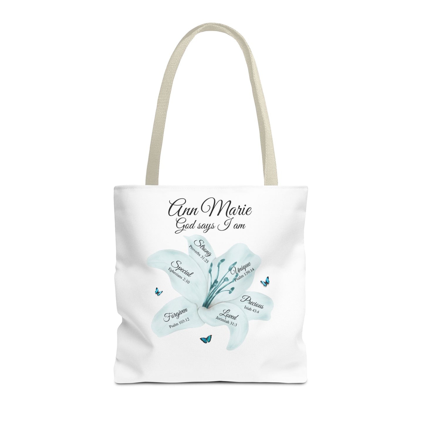 Personalized Floral Name Tote Bag – "God Says I Am" Inspirational Lily Tote