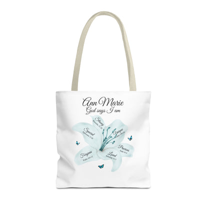 Personalized Floral Name Tote Bag – "God Says I Am" Inspirational Lily Tote