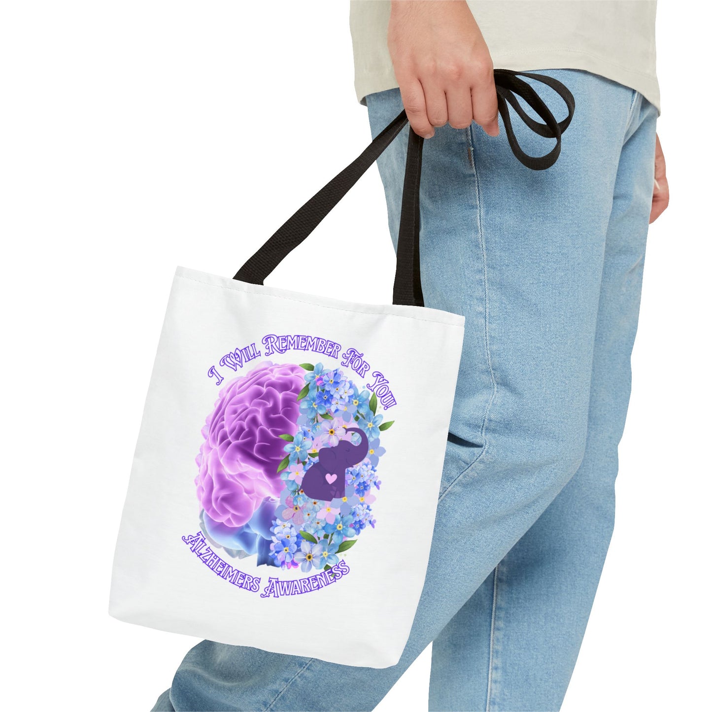 Alzheimer’s Awareness Tote Bag — “I Will Remember You” Purple Brain & Flowers Design