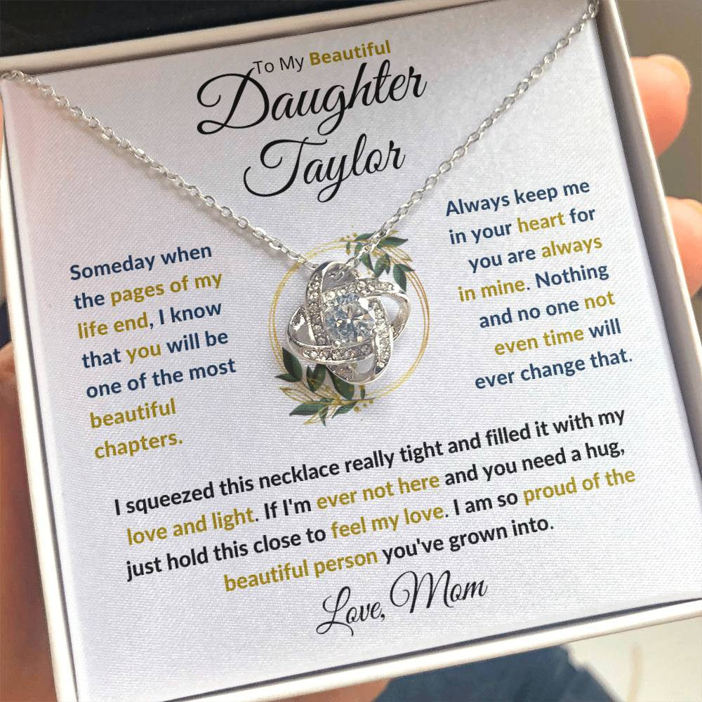 (BEST SELLER 🔥)Personalized To My Beautiful Daughter (Black & Gold Print).....Love Knot Necklace