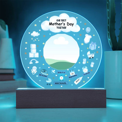 Our First Mother's Day Together Blue Design Acrylic Circle Plaque