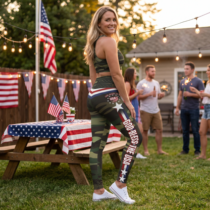(TOP SELLER 🔥) God Bless the USA Leggings Cameo with Stripes
