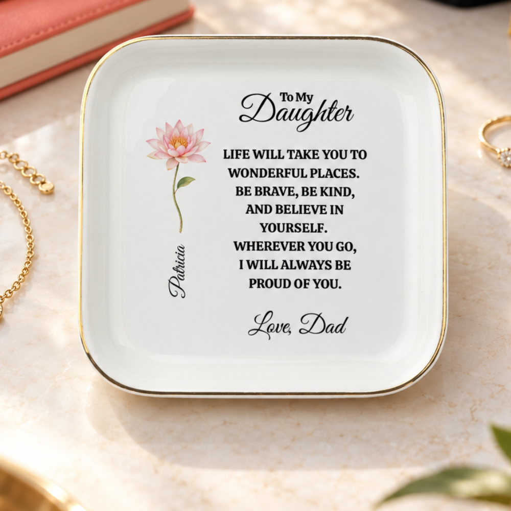 Personalized Daughter Birth Flower Jewelry Dish from Dad – Encouragement Gift