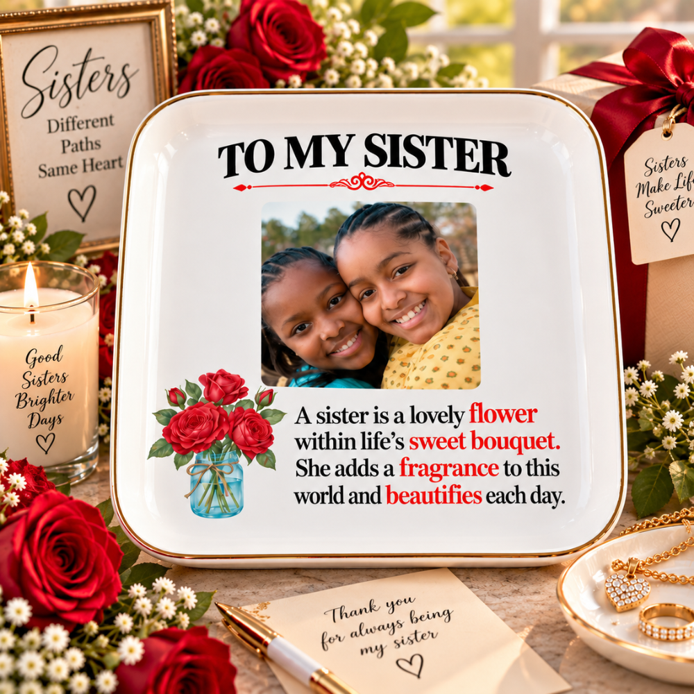 Personalized Sister Jewelry Dish with Photo & Flower