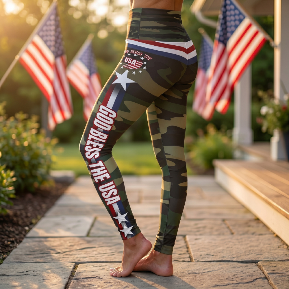(TOP SELLER 🔥) God Bless the USA Leggings Cameo with Stripes