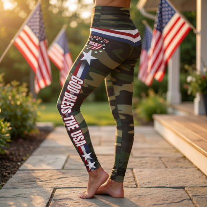 (TOP SELLER 🔥) God Bless the USA Leggings Cameo with Stripes