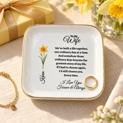 Personalized Wife Birth Flower Jewelry Dish – Romantic Gift for Wife