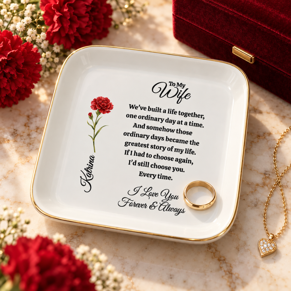 Personalized Wife Birth Flower Jewelry Dish – Romantic Gift for Wife