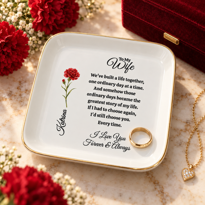 Personalized Wife Birth Flower Jewelry Dish – Romantic Gift for Wife