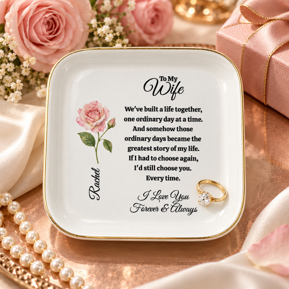 Personalized Wife Birth Flower Jewelry Dish – Romantic Gift for Wife